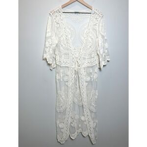 Rebellion Again Long Sheer Duster Cardigan Lace Crochet Romantic White Cream L